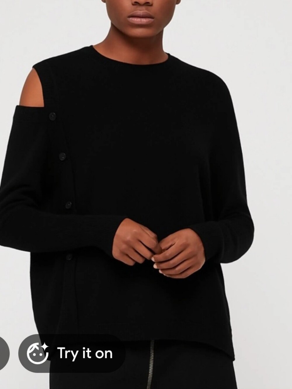 All Saints Black Cold-Shoulder Button-Trim Crew Sweater